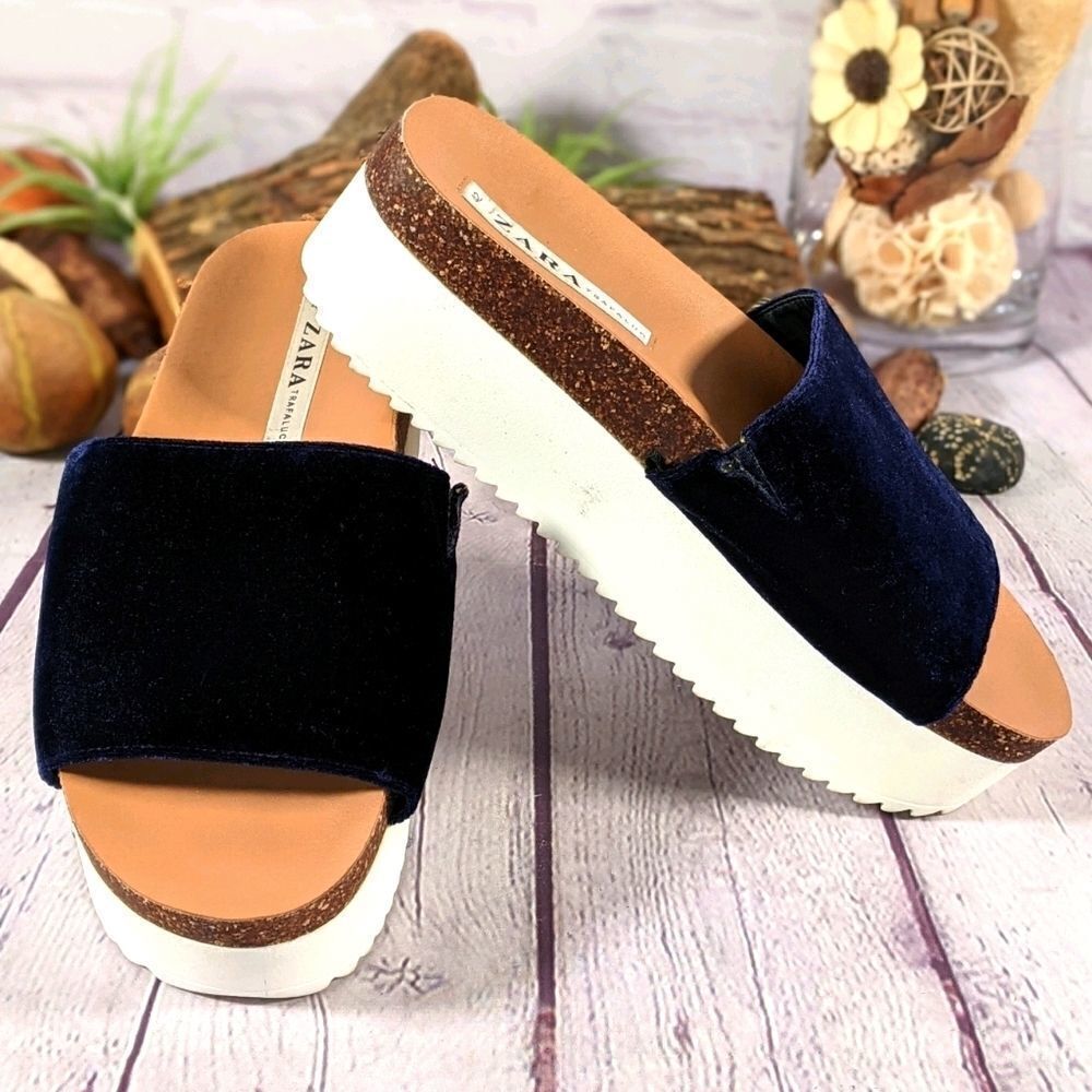 Zara Trafaluc Blue Velvet Platform Slides Sandals